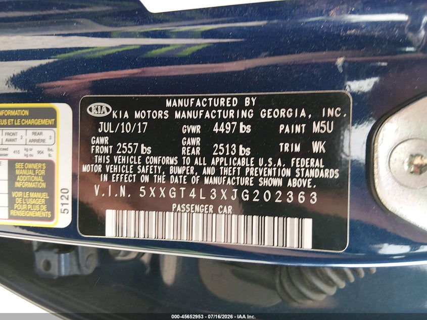 2018 Kia Optima VIN 5XXGT4L3XJG202363 IAAI salvage auction — NORMAL WEAR, Clear (New Jersey), sold $25 on 2026-07-21 (photo 9)