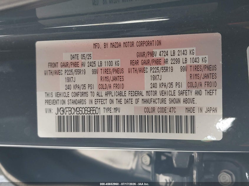 2025 Mazda Cx-5 VIN JM3KFBCM9S0696501 IAAI salvage auction — SIDE, Clear, sold $9,700 on 2026-07-30 (photo 9)