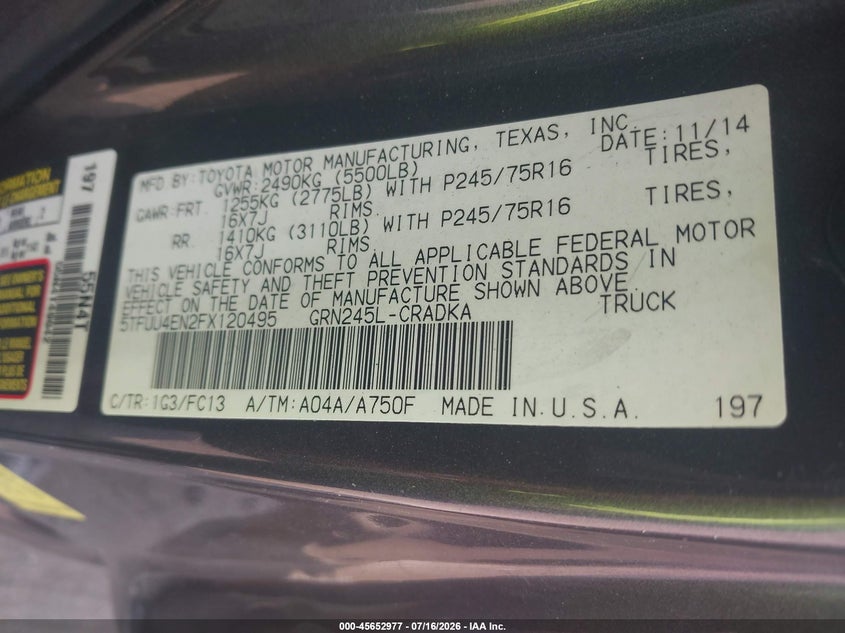 2015 Toyota Tacoma VIN 5TFUU4EN2FX120495 IAAI salvage auction — INTERIOR BURN, Clear (Massachusetts), sold $2,600 on 2026-07-31 (photo 9)