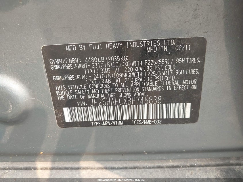 2011 Subaru Forester VIN JF2SHAECXBH745838 IAAI salvage auction — NORMAL WEAR, Clear (Maryland), sold $525 on 2026-07-28 (photo 9)