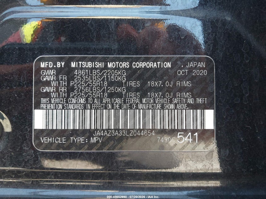 2020 Mitsubishi Outlander VIN JA4AZ3A33LZ044654 IAAI salvage auction — FRONT END, Wait Title, sold $4,600 on 2026-08-23 (photo 9)
