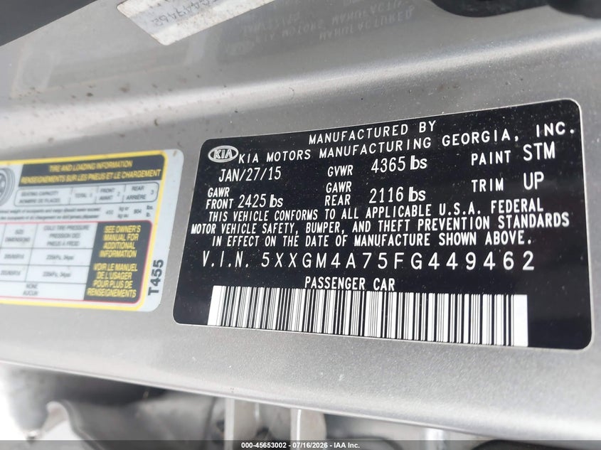 2015 Kia Optima VIN 5XXGM4A75FG449462 IAAI salvage auction — NORMAL WEAR, Clear (Georgia), sold $350 on 2026-07-28 (photo 9)