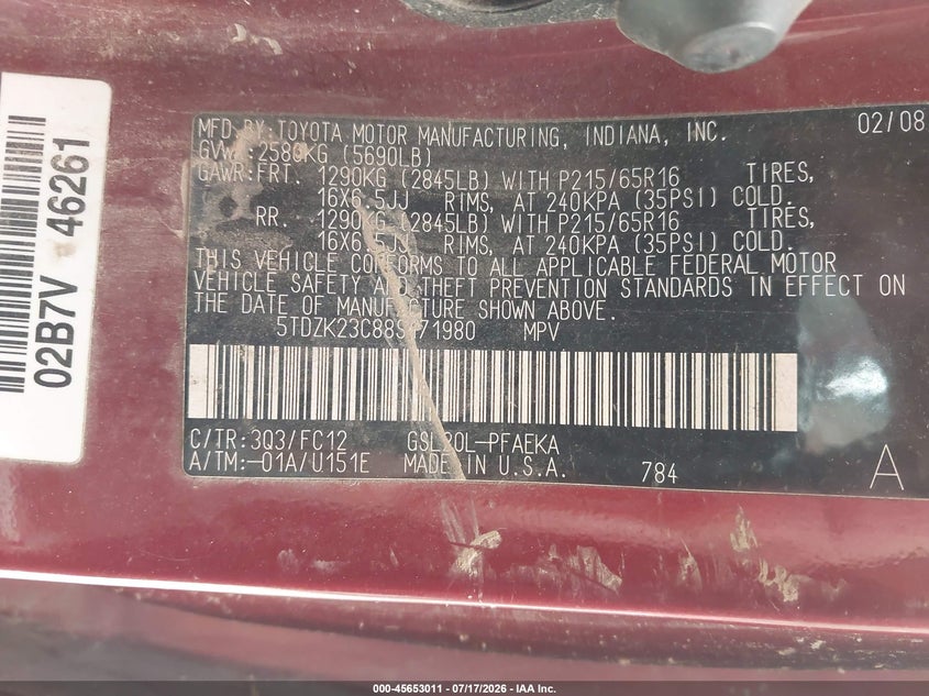 2008 Toyota Sienna VIN 5TDZK23C88S171980 IAAI salvage auction — NORMAL WEAR, Clear (Pennsylvania), sold $175 on 2026-07-28 (photo 9)