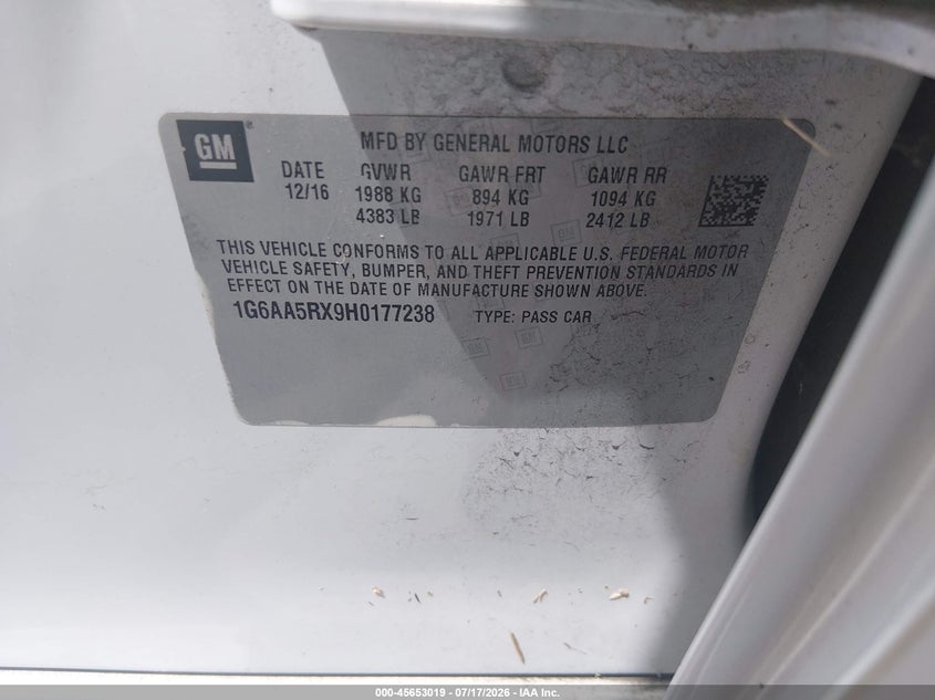 2017 Cadillac Ats VIN 1G6AA5RX9H0177238 IAAI salvage auction — WATER/FLOOD, Salvage Title, sold $3,050 on 2026-07-31 (photo 9)