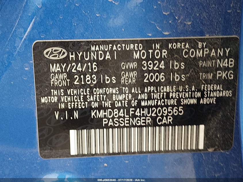 2017 Hyundai Elantra VIN KMHD84LF4HU209565 IAAI salvage auction — FRONT END, Salvage (Nevada), sold $2,700 on 2026-07-31 (photo 9)