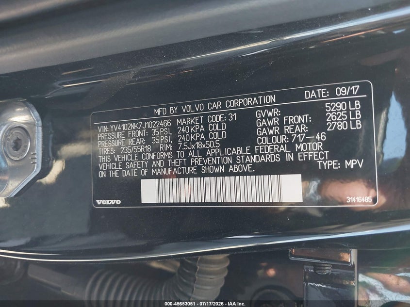 2018 Volvo V90 cross country VIN YV4102NK7J1022466 IAAI salvage auction — SIDE, Wait Title, sold $6,400 on 2026-08-08 (photo 9)