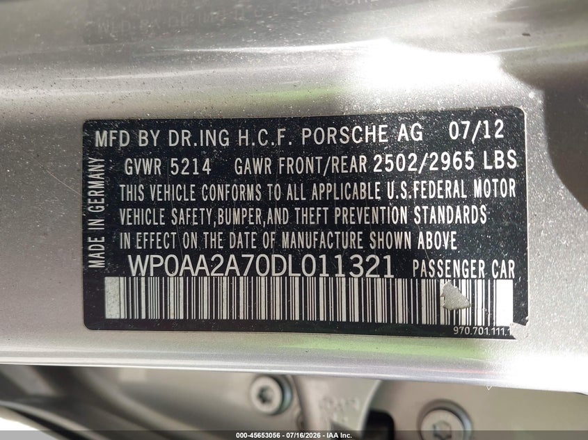 2013 Porsche Panamera VIN WP0AA2A70DL011321 IAAI salvage auction — RIGHT FRONT, Salvage Title, sold $2,250 on 2026-08-31 (photo 9)