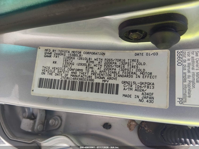 2003 Toyota 4runner VIN JTEBU14RX38003386 IAAI salvage auction — NORMAL WEAR, Clear (Louisiana), sold $825 on 2026-07-28 (photo 9)