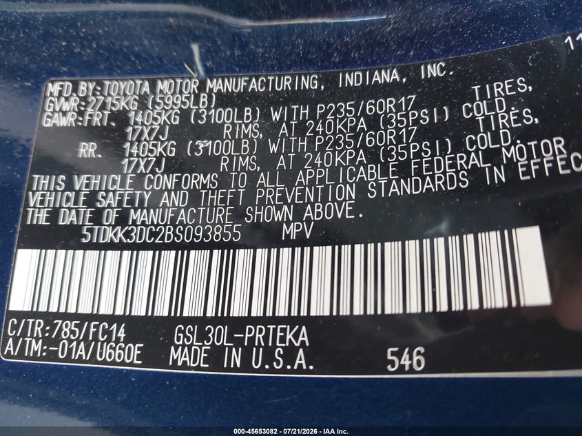 2011 Toyota Sienna VIN 5TDKK3DC2BS093855 IAAI salvage auction — SIDE, Clear (Virginia), sold $2,150 on 2026-07-29 (photo 9)