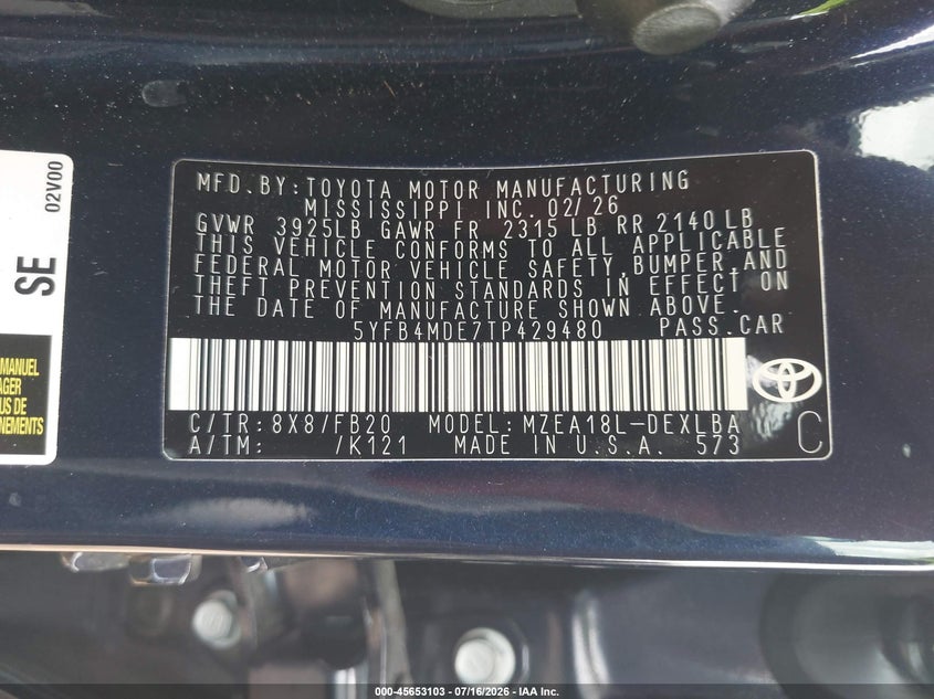 2026 Toyota Corolla VIN 5YFB4MDE7TP429480 IAAI salvage auction — FRONT END, Salvage Title, sold $11,100 on 2026-07-30 (photo 9)
