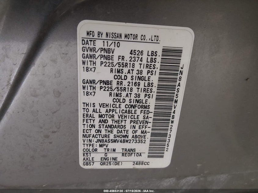 2011 Nissan Rogue VIN JN8AS5MV4BW273352 IAAI salvage auction — MECHANICAL, Original (Alaska), sold $100 on 2026-07-31 (photo 9)