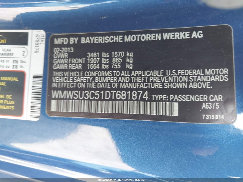 2013 Mini Hard top VIN WMWSU3C51DT681874 IAAI salvage auction — UNDERCARRIAGE, Salvage Title, sold $475 on 2026-08-10 (photo 9)