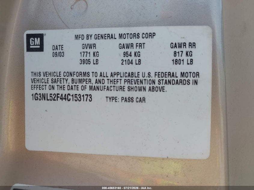 2004 Oldsmobile Alero VIN 1G3NL52F44C153173 IAAI salvage auction — NORMAL WEAR, Clear-Endorsement (Wisconsin), sold $400 on 2026-07-30 (photo 9)