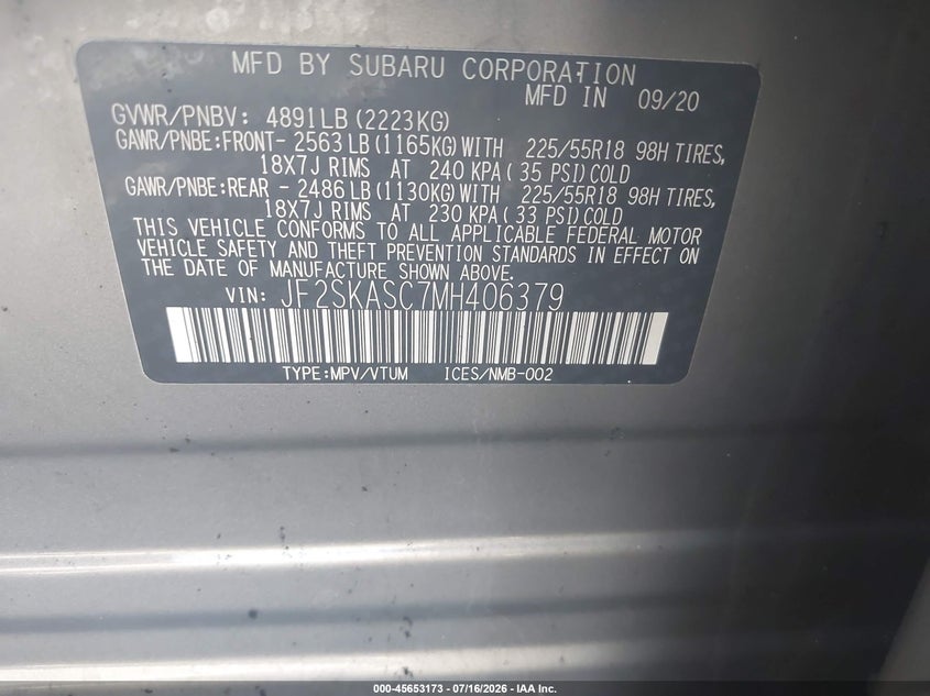 2021 Subaru Forester VIN JF2SKASC7MH406379 IAAI salvage auction — INTERIOR BURN, Non-Repairable (California), sold $925 on 2026-08-28 (photo 9)