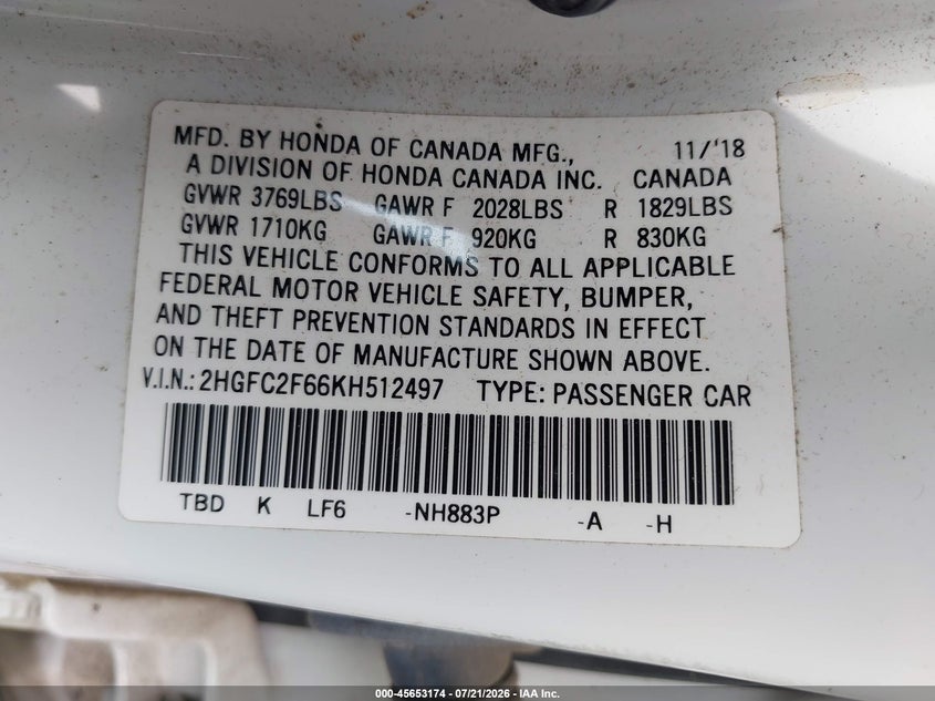 2019 Honda Civic VIN 2HGFC2F66KH512497 IAAI salvage auction — FRONT END, Wait Title, sold $2,100 on 2026-09-05 (photo 9)