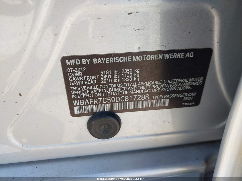 2013 BMW 5er VIN WBAFR7C59DC817288 IAAI salvage auction — NORMAL WEAR, Clear - Dealer Only (California), sold $1,550 on 2026-07-29 (photo 9)