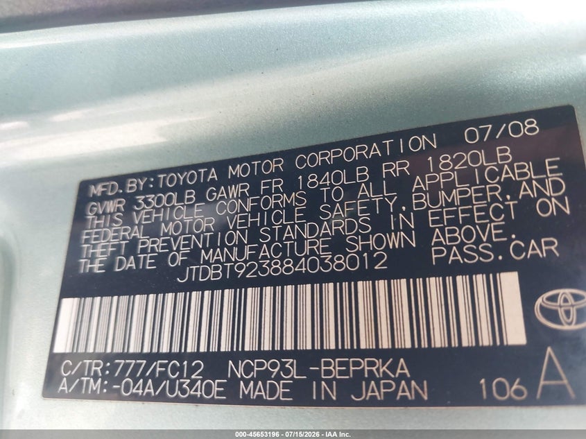 2008 Toyota Yaris VIN JTDBT923884038012 IAAI salvage auction — NORMAL WEAR, Clear-Dealer Only (Arizona), sold $25 on 2026-07-30 (photo 9)