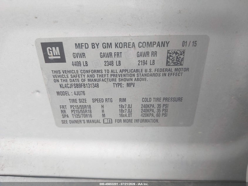 2015 Buick Encore VIN KL4CJFSB9FB131348 IAAI salvage auction — LEFT REAR, Salvage Title, sold $1,100 on 2026-08-26 (photo 9)