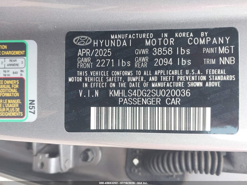 2025 Hyundai Elantra VIN KMHLS4DG2SU020036 IAAI salvage auction — FRONT & REAR, Salvage Title, sold $10,700 on 2026-07-23 (photo 9)