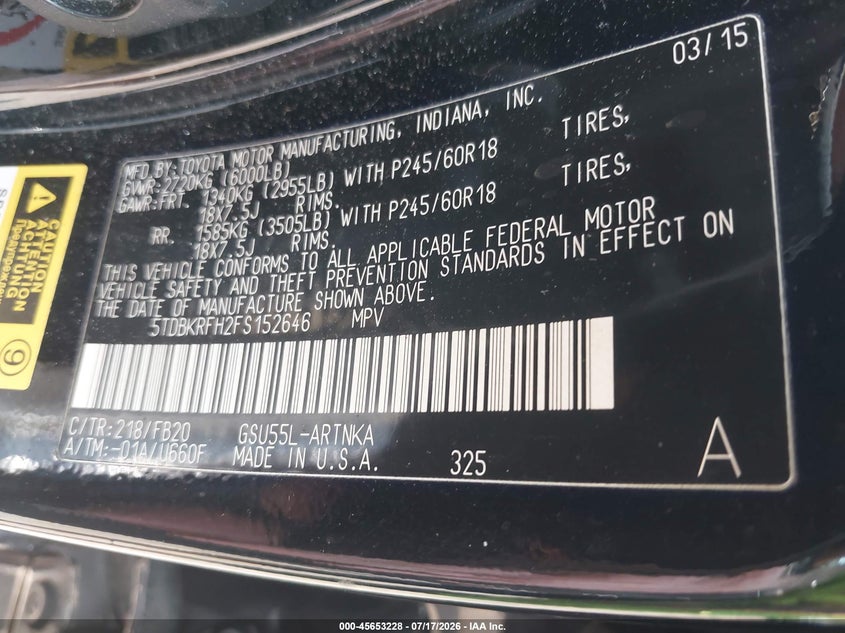 2015 Toyota Highlander VIN 5TDBKRFH2FS152646 IAAI salvage auction — NORMAL WEAR, Clear (New York), sold $2,400 on 2026-07-28 (photo 9)