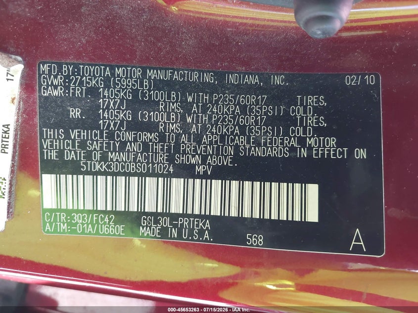 2011 Toyota Sienna VIN 5TDKK3DC0BS011024 IAAI salvage auction — NORMAL WEAR, Clear - Dealer Only (California), sold $650 on 2026-07-29 (photo 9)