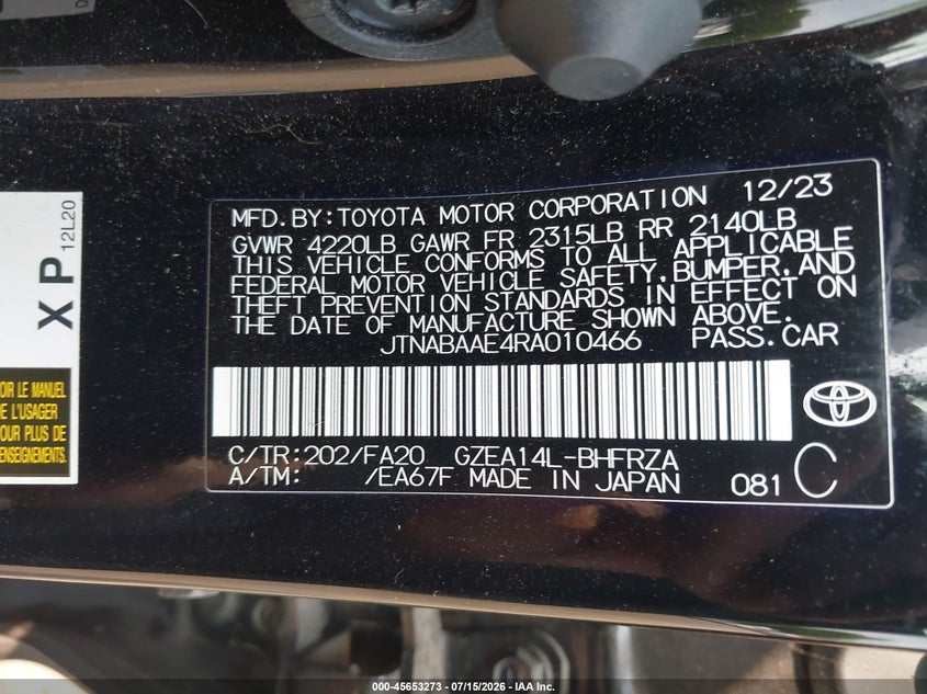 2024 Toyota Corolla VIN JTNABAAE4RA010466 IAAI salvage auction — LEFT & RIGHT, Salvage Title, sold $3,850 on 2026-07-22 (photo 9)