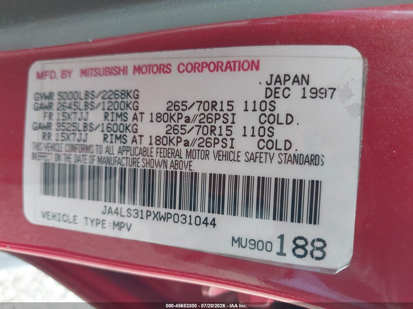 1998 Mitsubishi Montero VIN JA4LS31PXWP031044 IAAI salvage auction — NORMAL WEAR, Clear (Alabama), sold $125 on 2026-07-29 (photo 9)