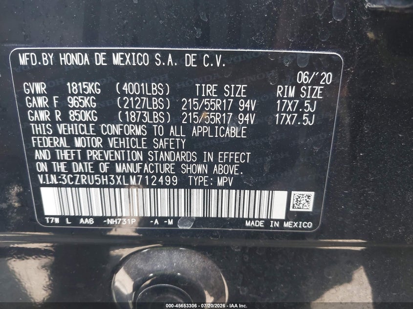 2020 Honda Hr-v VIN 3CZRU5H3XLM712499 IAAI salvage auction — REAR END, Wait Title, sold $7,100 on 2026-08-31 (photo 9)