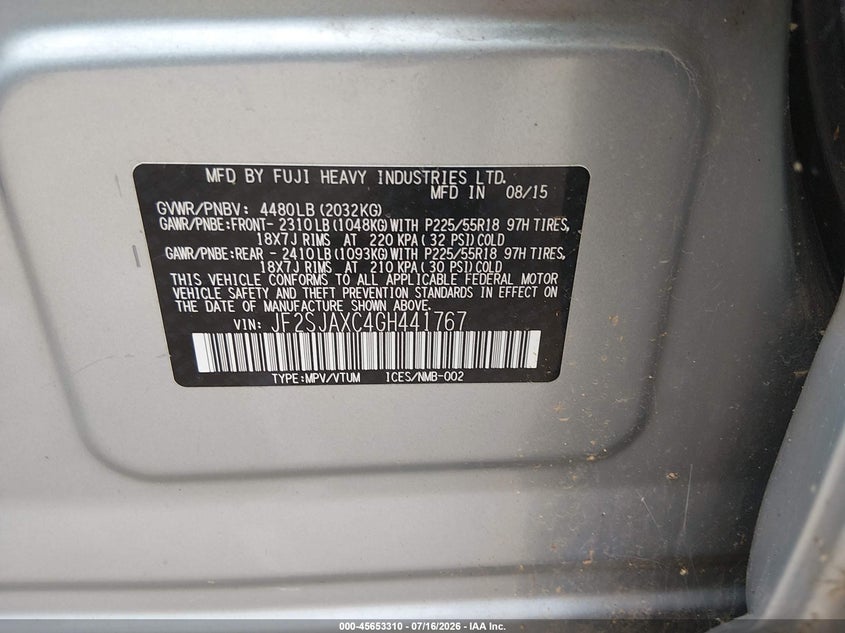 2016 Subaru Forester VIN JF2SJAXC4GH441767 IAAI salvage auction — NORMAL WEAR, Clear (Indiana), sold $550 on 2026-07-29 (photo 9)