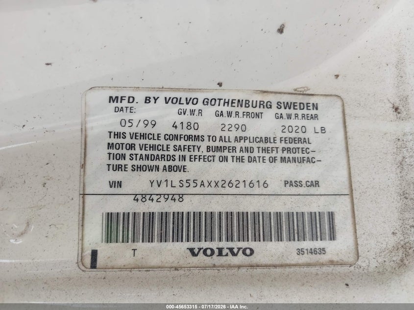1999 Volvo S70 VIN YV1LS55AXX2621616 IAAI salvage auction — NORMAL WEAR, Clear-Dealer Only (North Carolina), sold $25 on 2026-07-28 (photo 9)