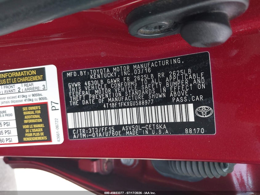 2016 Toyota Camry VIN 4T1BF1FKXGU588977 IAAI salvage auction — ROOF, Salvage Certificate (California), sold $3,800 on 2026-08-01 (photo 9)