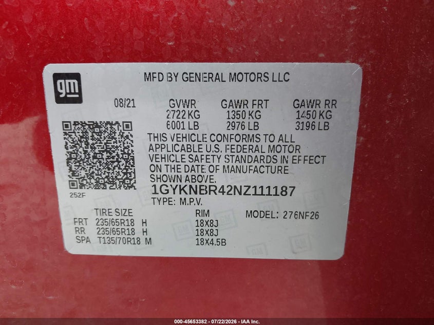2022 Cadillac Xt5 VIN 1GYKNBR42NZ111187 IAAI salvage auction — FRONT END, Salvage (Wisconsin), sold $2,350 on 2026-07-25 (photo 9)