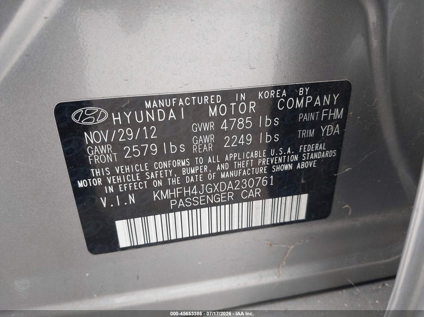 2013 Hyundai Azera VIN KMHFH4JGXDA230761 IAAI salvage auction — NORMAL WEAR, Clear - Dealer Only (California), sold $100 on 2026-07-28 (photo 9)