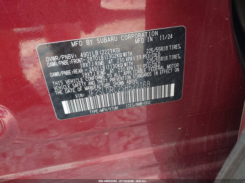 2025 Subaru Forester VIN JF2SLDRC2SH522168 IAAI salvage auction — FRONT END, Wait Title, sold $8,200 on 2026-08-27 (photo 9)