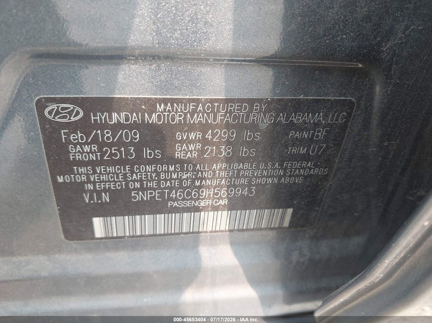 2009 Hyundai Sonata VIN 5NPET46C69H569943 IAAI salvage auction — NORMAL WEAR, Clear (Virginia), sold $25 on 2026-07-29 (photo 9)