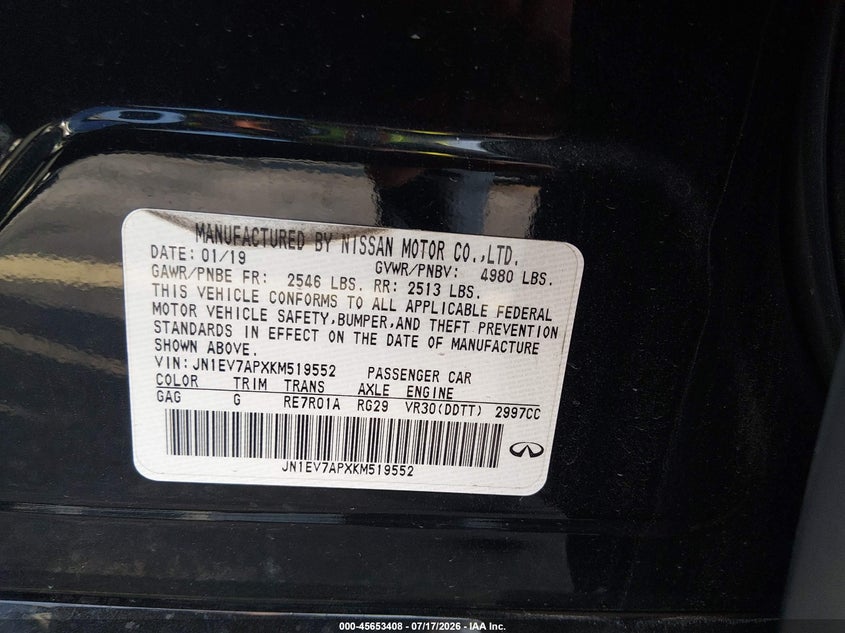 2019 Infiniti Q50 VIN JN1EV7APXKM519552 IAAI salvage auction — WATER/FLOOD, Wait Title, sold $1,500 on 2026-09-04 (photo 9)