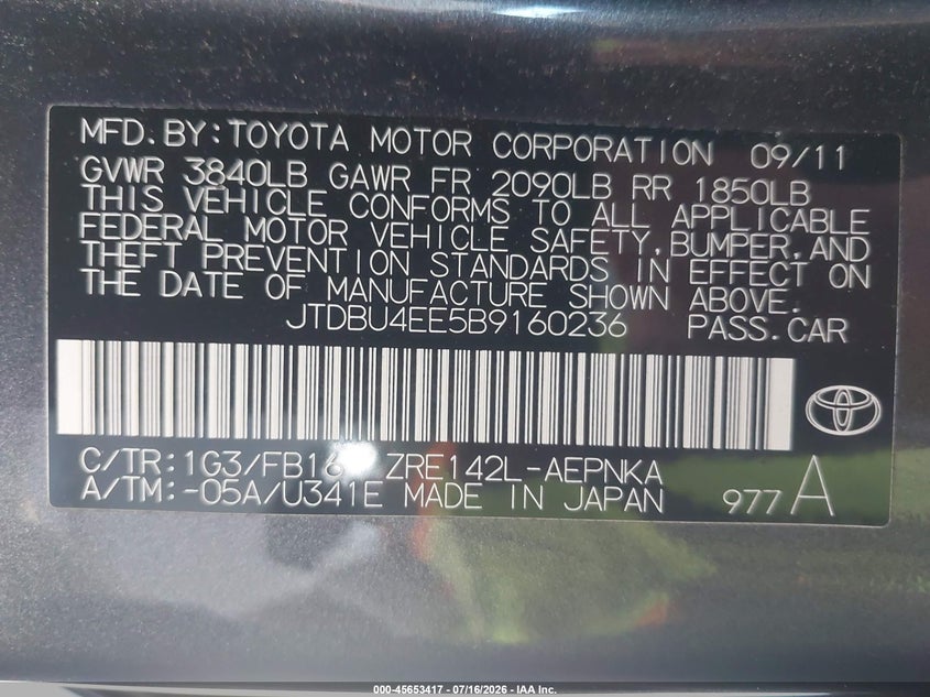 2011 Toyota Corolla VIN JTDBU4EE5B9160236 IAAI salvage auction — RIGHT FRONT, Salvage (California), sold $2,350 on 2026-08-03 (photo 9)