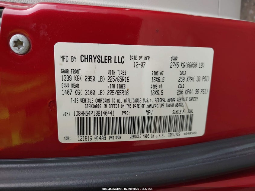 2008 Dodge Grand caravan VIN 1D8HN54P18B140441 IAAI salvage auction — FRONT END, Bill Of Sale (Washington), sold $200 on 2026-08-07 (photo 9)