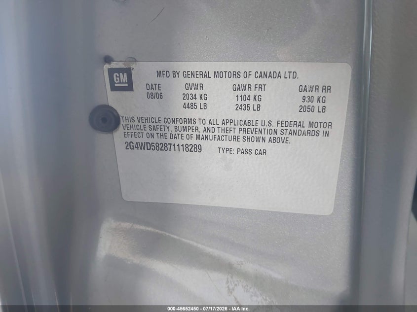 2007 Buick Lacrosse VIN 2G4WD582871118289 IAAI salvage auction — SIDE, Salvage (California), sold $325 on 2026-08-03 (photo 9)