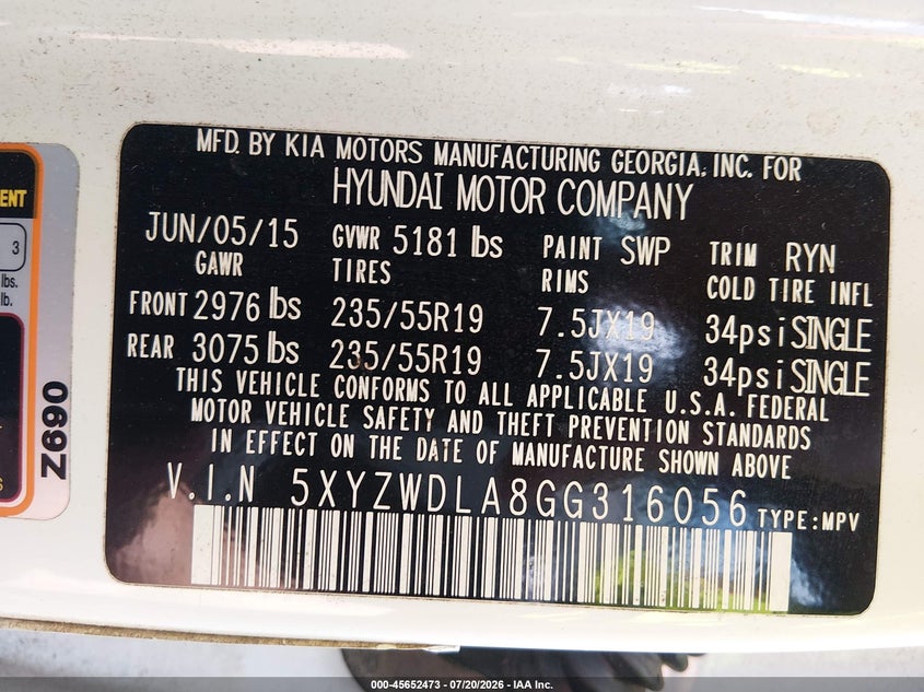 2016 Hyundai Santa fe VIN 5XYZWDLA8GG316056 IAAI salvage auction — REAR END, Salvage (North Carolina), sold $2,425 on 2026-08-25 (photo 9)