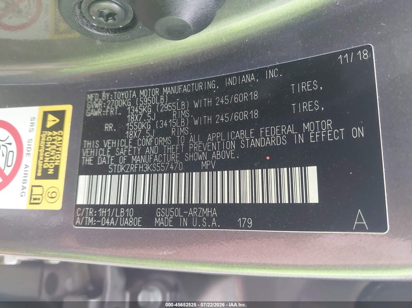 2019 Toyota Highlander VIN 5TDKZRFH3KS557470 IAAI salvage auction — RIGHT REAR, Salvage Title, sold $13,300 on 2026-08-21 (photo 9)