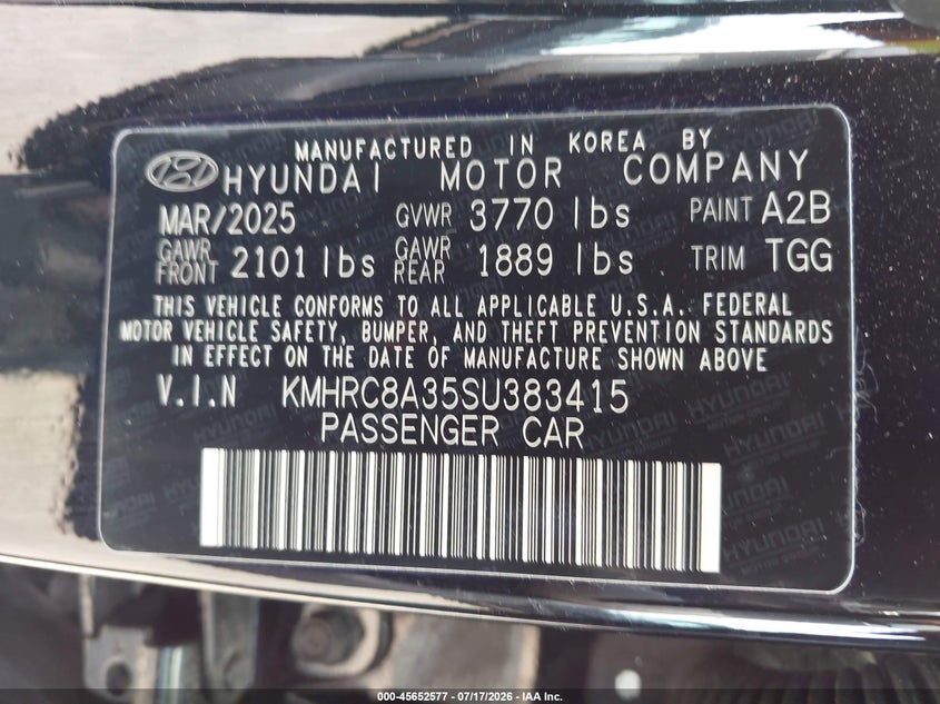 2025 Hyundai Venue VIN KMHRC8A35SU383415 IAAI salvage auction — MECHANICAL, Salvage Title, sold $125 on 2026-07-24 (photo 9)