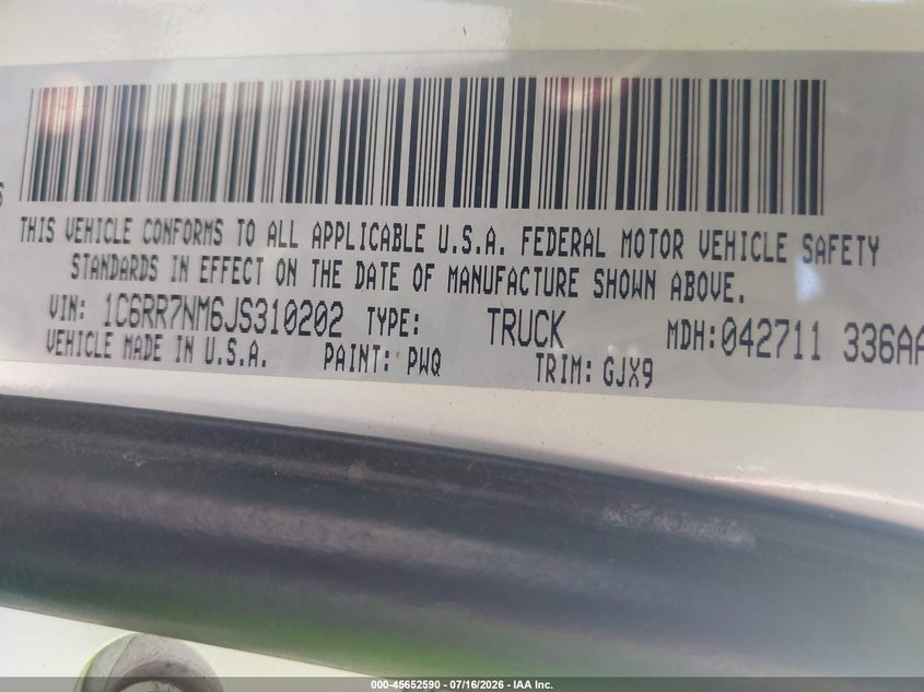 2018 Ram 1500 VIN 1C6RR7NM6JS310202 IAAI salvage auction — REAR END, Salvage Title, sold $25 on 2026-08-14 (photo 9)