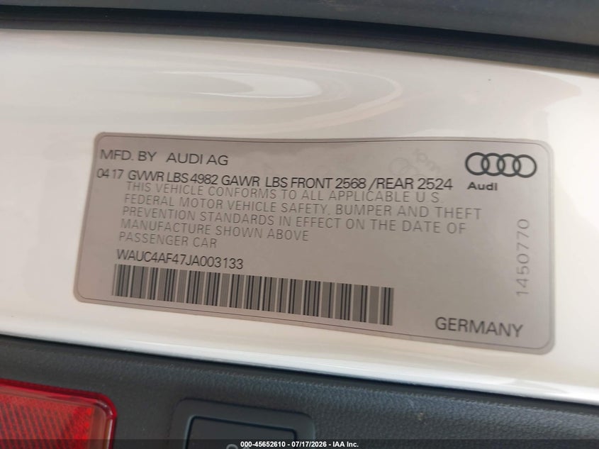 2018 Audi S4 VIN WAUC4AF47JA003133 IAAI salvage auction — REAR END, Clear (Indiana), sold $7,200 on 2026-08-25 (photo 9)