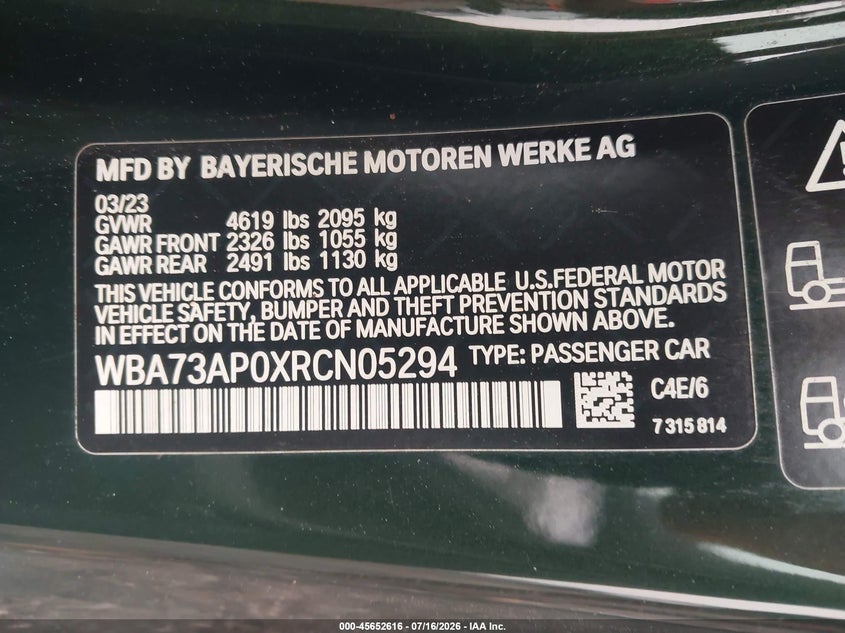 2024 BMW 4er VIN WBA73AP0XRCN05294 IAAI salvage auction — NORMAL WEAR, Clear (New Jersey), sold $25 on 2026-07-30 (photo 9)