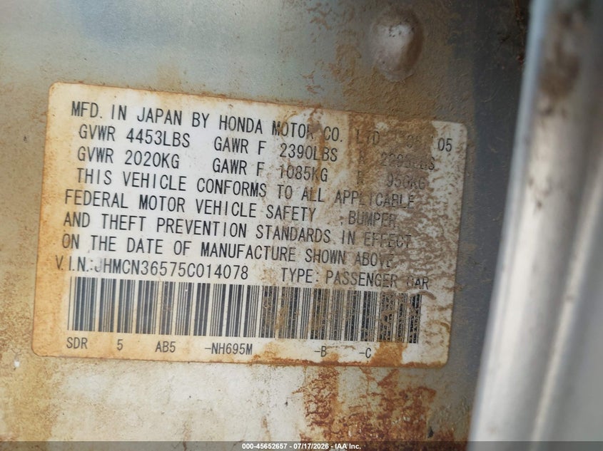 2005 Honda Accord VIN JHMCN36575C014078 IAAI salvage auction — ALL OVER, Clear (Minnesota), sold $225 on 2026-07-28 (photo 9)