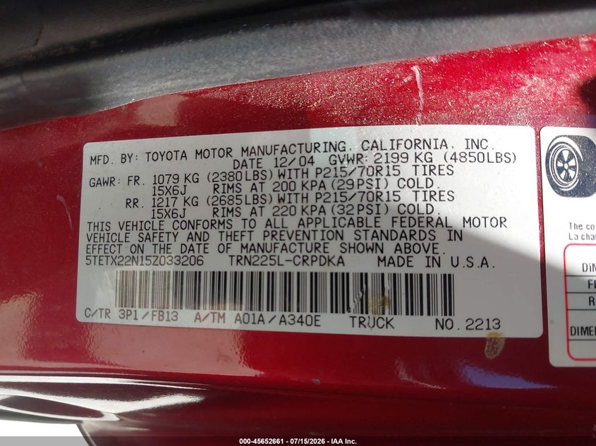 2005 Toyota Tacoma VIN 5TETX22N15Z033206 IAAI salvage auction — NORMAL WEAR, Clear - Dealer Only (California), sold $2,250 on 2026-07-23 (photo 9)