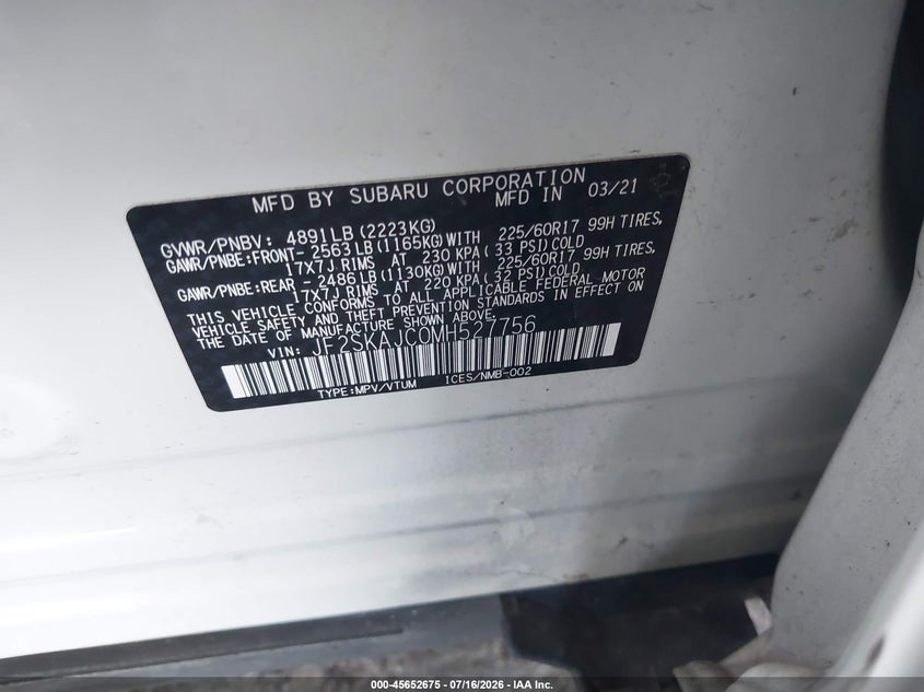2021 Subaru Forester VIN JF2SKAJC0MH527756 IAAI salvage auction — RIGHT FRONT, Salvage Title, sold $7,850 on 2026-09-01 (photo 9)