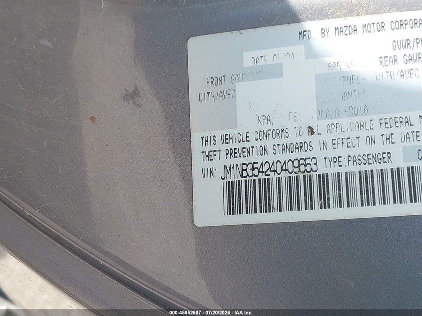 2004 Mazda Mazdaspeed mx-5 miata VIN JM1NB354240409653 IAAI salvage auction — NORMAL WEAR, Regular Certificate (Iowa), sold $1,050 on 2026-07-29 (photo 9)