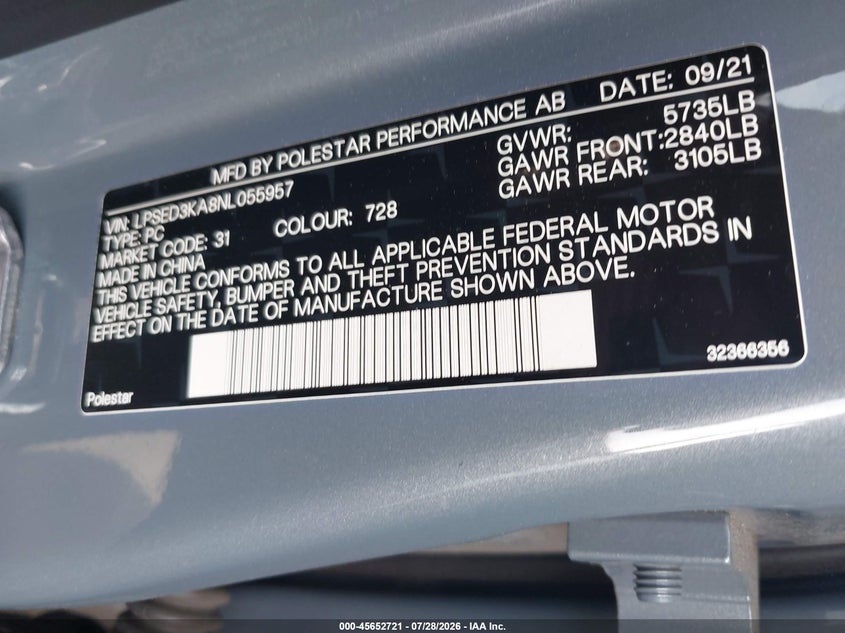 2022 Polestar 2 VIN LPSED3KA8NL055957 IAAI salvage auction — RIGHT FRONT, Wait Title, sold $7,300 on 2026-08-19 (photo 9)